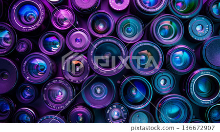photography camera lenses pattern, collection of video and photo equipment set, technology background 136672907