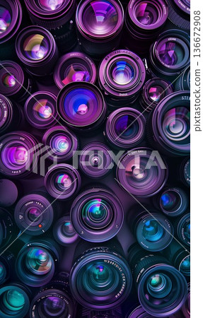photography camera lenses pattern, collection of video and photo equipment set, technology background 136672908
