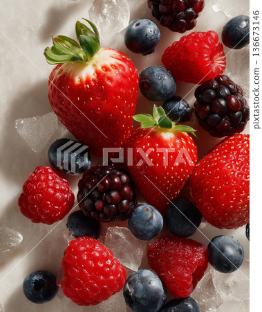 草莓、藍莓、覆盆子、混合莓果背景 3D 渲染 136673146