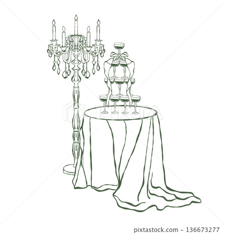 A festive table with a champagne tower adorned with a whimsical bow. A vintage classic floor lamp with a candelabra and candles. Illustration for wedding. Vector outline clipart on a white background. A festive table with a champagne tower adorned with a whimsical bow. A vintage classic floor lamp with a candelabra and candles. Illustration for wedding. Vector outline clipart on a white background. 136673277