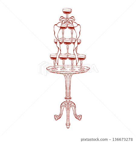 A classic small table with a champagne tower adorned with a whimsical bow. Vintage wedding illustration. Vector outline clip art on a white background in red. A classic small table with a champagne tower adorned with a whimsical bow. Vintage wedding illustration. Vector outline clip art on a white background in red. 136673278