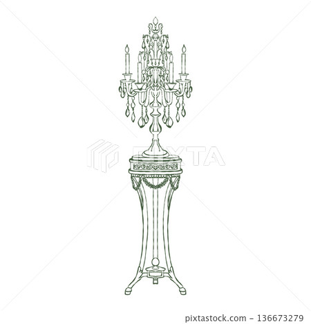 Victorian-style interior. A classic table and candelabra with candles in the Rococo and Baroque styles. Vintage hand-drawn outline illustration of the interior. 136673279