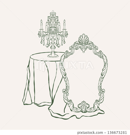 Victorian interior. Classic vintage antique mirror, table with tablecloth, candelabra with candles in the Baroque and Rococo styles. Classic furniture. Vector outline clipart. Retro hand-drawn 136673281