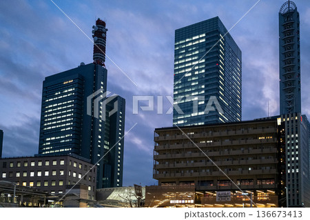 City skyscrapers and station scenery at dusk (business district, cityscape) City skyscrapers and station scenery at dusk (business district, cityscape) 136673413