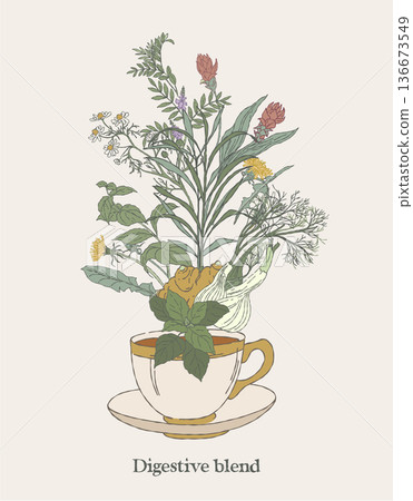 Digestive Herbal Blend Tea Cup Illustration 136673549