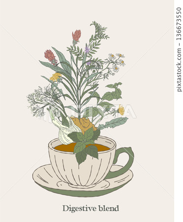 Digestive Herbal Blend Tea Cup Illustration 136673550