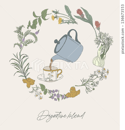 Digestive Herbal Blend Wreath with Teapot.. 136673553