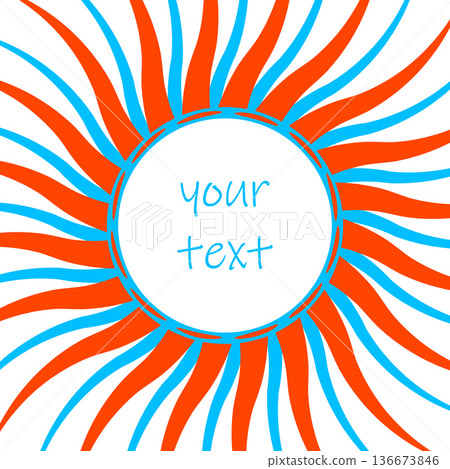 Abstract Sun ray ornament square poster, circle shape frame. Red blue colour modern vector illustration, white background 136673846