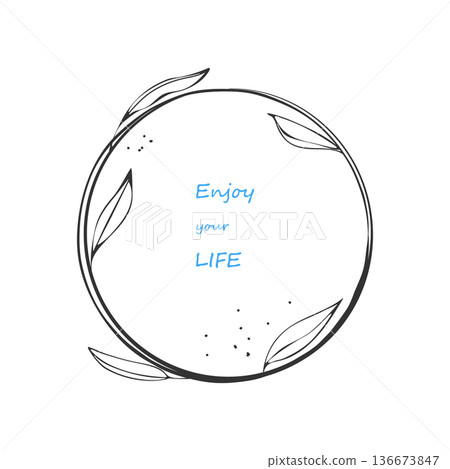 Decorative leaves outline graphic, frame set. Circle geometrical shape, botanical border design. Hand drawn black ink brush calligraphic design. White background. Elegant text box 136673847