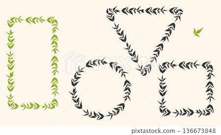 Decorative leaves silhouette, frame set. Circle, square rectangle geometrical shape, botanical border design. Hand drawn natural leaf, green black colour palette. White background Decorative leaves silhouette, frame set. Circle, square rectangle geometrical shape, botanical border design. Hand drawn natural leaf, green black colour palette. White background 136673848