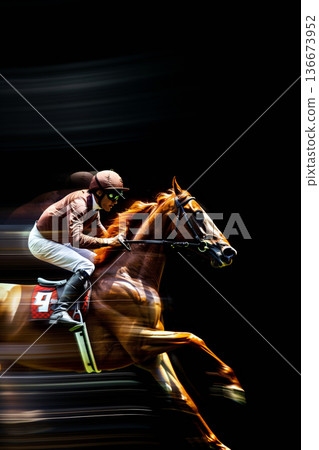 stylish illustration of fast horseman rider and horse at race on black background, equine sport and speed concept, blurred motion 136673952