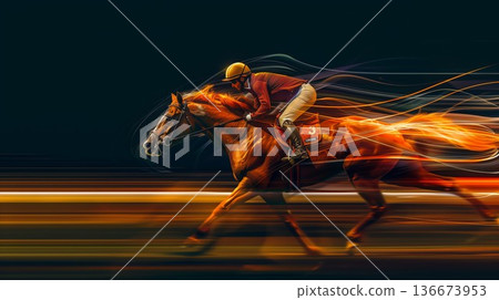 stylish illustration of fast horseman rider and horse at race on modern night city background, equine sport and speed concept, blurred motion 136673953