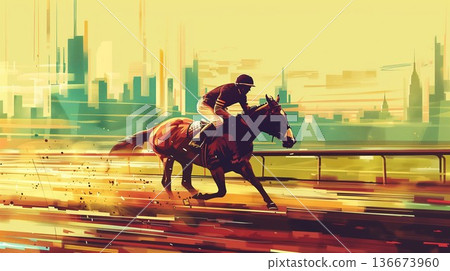 stylish illustration of fast horseman rider and horse at race on modern night city background, equine sport and speed concept, blurred motion 136673960