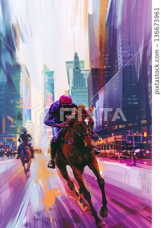 stylish illustration of fast horseman rider and horse at race on modern night city background, equine sport and speed concept, blurred motion 136673961