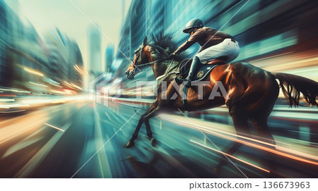 stylish illustration of fast horseman rider and horse at race on modern night city background, equine sport and speed concept, blurred motion 136673963