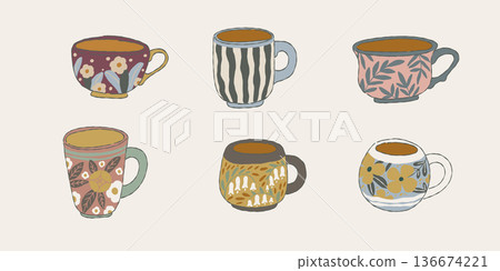 Hand Drawn Teacups for Herbal Tea Hand Drawn Teacups for Herbal Tea 136674221