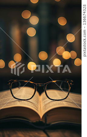 reading eyeglasses lying on open book page in university library or school, intelligence and education, study and learning concept 136674328