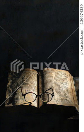 reading eyeglasses lying on open book page in university library or school, intelligence and education, study and learning concept 136674329