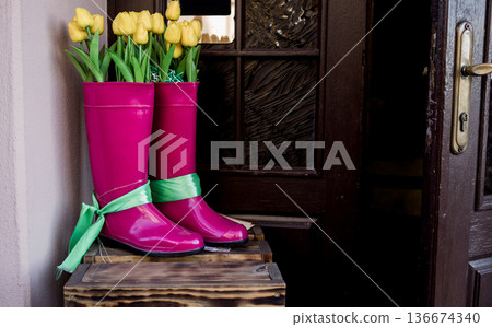 Yellow tulips in pink rubber boots Yellow tulips in pink rubber boots 136674340