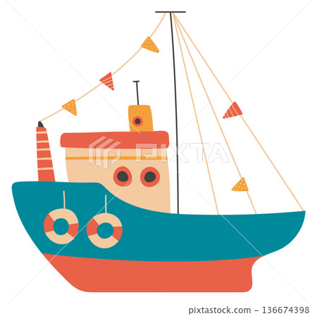 Ship cute drawing. Funny boat toy drawing 136674398