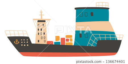 Cargo ship cute drawing. River barge icon 136674401