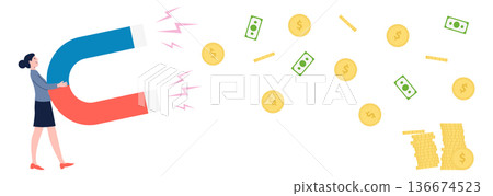 Woman attract money with big magnet. Business power 136674523