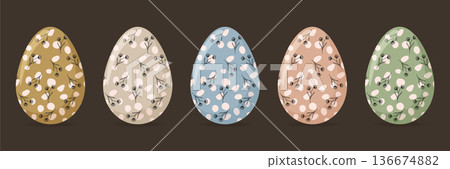 Boho Easter eggs set with floral sketches and polka dot pattern vector illustration. Boho Easter eggs set with floral sketches and polka dot pattern vector illustration. 136674882