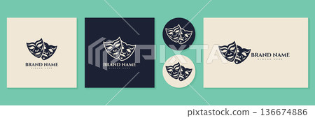 Classic theater masks logo set for drama and comedy art identity vector illustration. Classic theater masks logo set for drama and comedy art identity vector illustration. 136674886