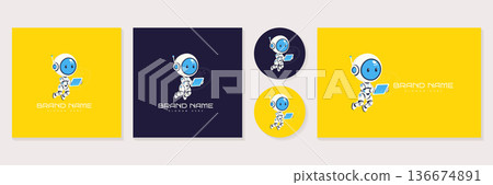 Cute robot mascot logo with digital tablet for technology brand vector illustration. Cute robot mascot logo with digital tablet for technology brand vector illustration. 136674891