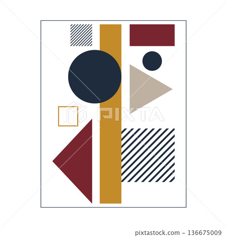 Abstract geometric composition in Bauhaus style, minimalist poster with circles, triangles and hatching, vector modern art for wall decor. EPS 10 136675009