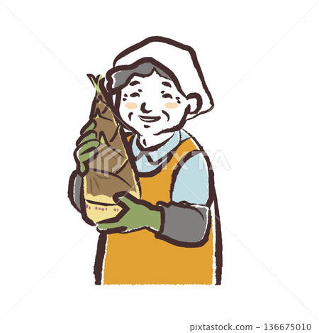 一幅筆觸細膩的插畫，描繪了一位微笑的資深女製片人手持竹筍。 136675010