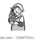 A brush-stroke monochrome illustration of a smiling senior female producer holding bamboo shoots 136675011