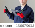 A middle-aged male businessman in work clothes holding a tablet and giving a thumbs up 136675038