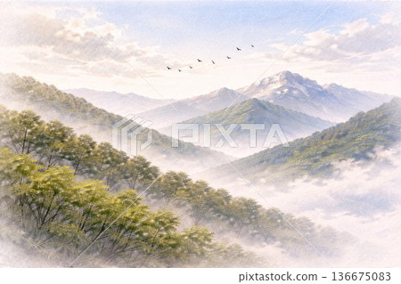 山巒系列:寧靜的風景背景,鳥兒飛越山脈 山巒系列:寧靜的風景背景,鳥兒飛越山脈 136675083