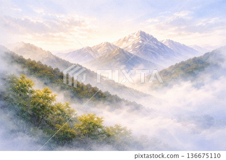 Mountain Series: The fog clears and the mountains appear, creating a landscape of renewal and purification Mountain Series: The fog clears and the mountains appear, creating a landscape of renewal and purification 136675110