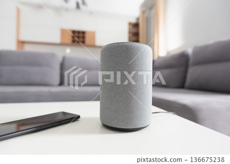 Smart speaker device in living room. Smart home. 136675238