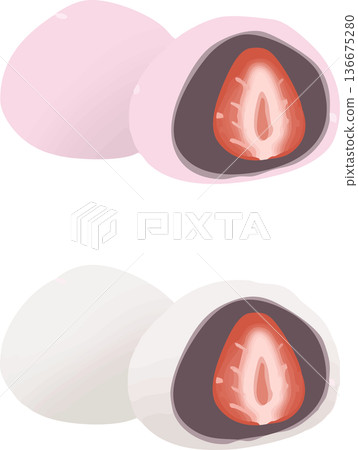 Strawberry Daifuku illustration material - Spring Japanese sweets, cute hand-drawn vector 136675280