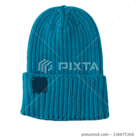 Demi-season blue ribbed knitted hat isolated on white background. Winter new stylish headwear blue hat Demi-season blue ribbed knitted hat isolated on white background. Winter new stylish headwear blue hat 136675308