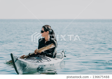 Kayaking Woman Sea Paddle Ocean Sports Kayaking Woman Sea Paddle Ocean Sports 136675488