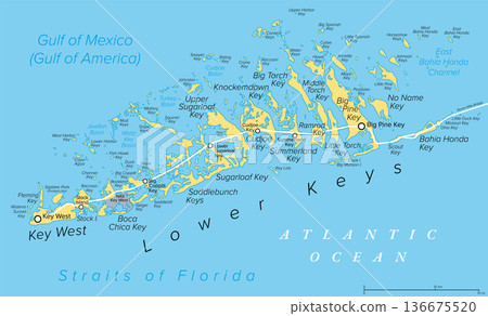 Key West and Lower Keys, Florida, United States, political map. Part of Florida Keys, a coral cay archipelago off the southern coast of Florida, stretching from Key West to Seven Mile Bridge. Vector 136675520