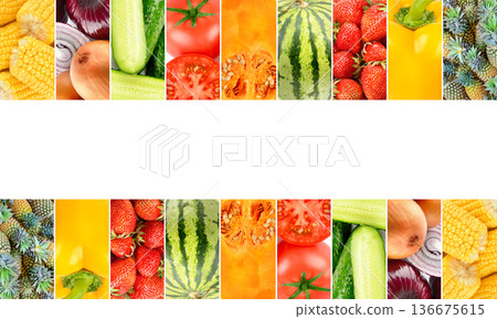 Colorful collage of fresh vegetables and fruits with central copy space 136675615