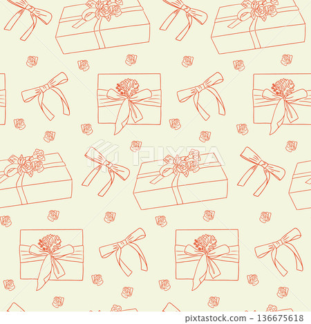 Seamless pattern with gift box, ribbon bow and rose in hand drawn outline style on light background. Romantic celebration concept for wrapping paper, fabric and greeting design Seamless pattern with gift box, ribbon bow and rose in hand drawn outline style on light background. Romantic celebration concept for wrapping paper, fabric and greeting design 136675618