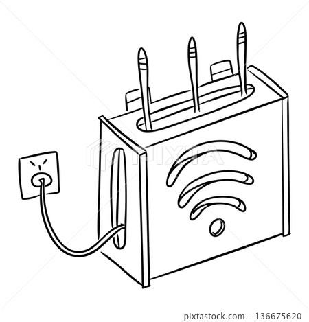 Wifi router with antenna and cable connected to socket in hand drawn outline style isolated on light background. Wireless internet connection concept for technology, network and communication design Wifi router with antenna and cable connected to socket in hand drawn outline style isolated on light background. Wireless internet connection concept for technology, network and communication design 136675620