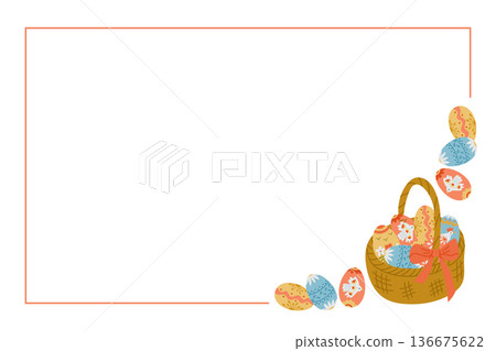 Easter banner with basket of decorated egg and frame border on light background. Spring holiday concept for greeting card, invitation and festive design 136675622