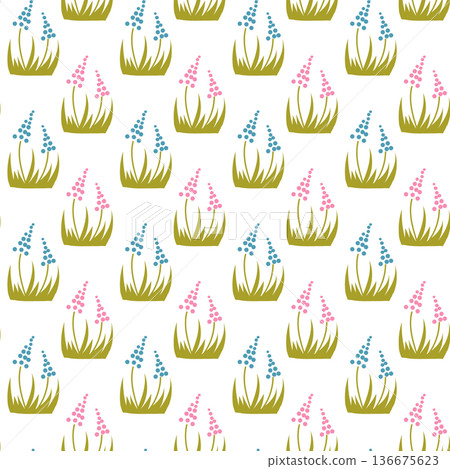 Seamless pattern with spring flower and grass in flat hand drawn style on light background. Nature ornament concept for textile, wallpaper and surface design 136675623