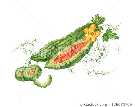 Watercolor illustration of a bitter melon with an open fruit, sliced pieces, and splashes of juice. All hand-painted in watercolor. Suitable for product packaging, textiles, and nutrition. Watercolor illustration of a bitter melon with an open fruit, sliced pieces, and splashes of juice. All hand-painted in watercolor. Suitable for product packaging, textiles, and nutrition. 136675769