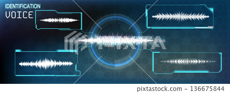Sound waves are shown on a digital screen. Several waveforms are displayed. They are organized into shapes that help show voice identification. The setup highlights technology and audio data. 136675844