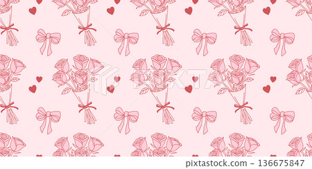 Seamless pattern with roses and bows on a background. Fabric print. 136675847
