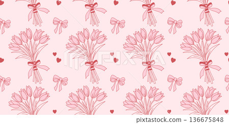 Seamless pattern with tulips and bows on a pink background. Fabric print. 136675848