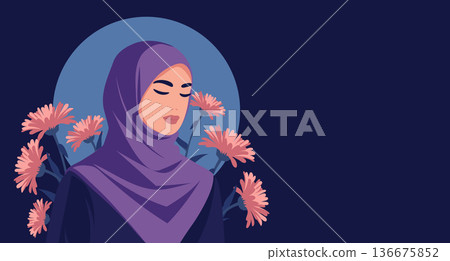 Serene muslim woman on a background with flowers. Womens Day banner. Illustration. Serene muslim woman on a background with flowers. Womens Day banner. Illustration. 136675852